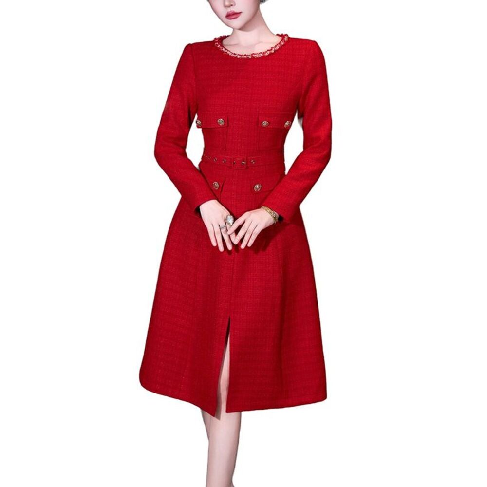 Burryco Womens  Red Solid Midi Dress, Red